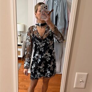 Wayf Black and White Floral lace Long Sleeve Dress with slip